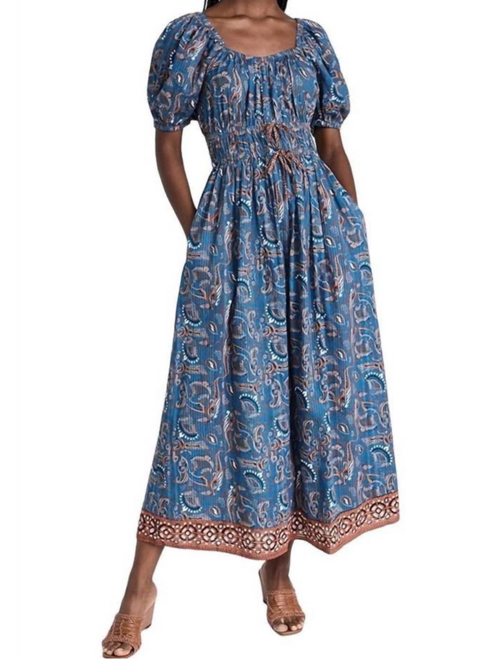 Cleobella Rhea Blue and Brown Paisley Puff-Sleeve Dress Size Small